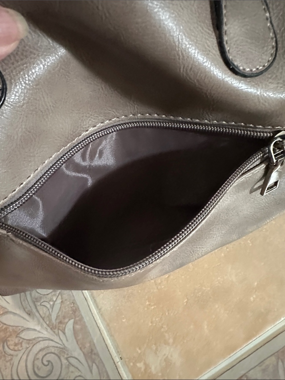 Taupe Structured Boston Satchel Handbag with Detachable Strap - Picture 10 of 14